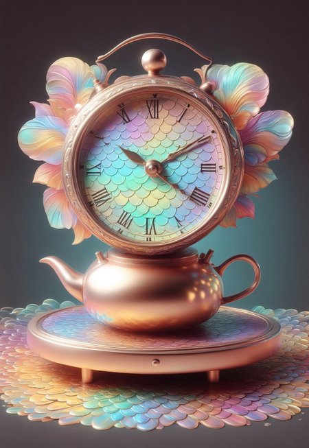 p1nk1r1sc4l3s On an old oak kitchen table, an ancient copper kettle sits, its surface worn and tarnished by time. The kettle is surrounded by an array of peculiar objects: a ceramic plate adorned with intricate, swirling patterns, seemingly shifting as you gaze upon it; a tarnished silver spoon that glows faintly in the dark; a stack of recipe cards, each one written in a different language, their edges singed and curling as if they’ve been exposed to flames. As the kettle begins to whistle, a warm, golden steam rises, carrying the scent of something both sweet and savory. The steam condenses into the shape of an elaborate, glowing clock—each tick a soft whisper. On the counter, a knife carved from a single, translucent crystal rests beside an assortment of rare spices, some sparkling with an ethereal dust. The room seems to hum with an unseen energy, as though the kitchen itself is alive, holding secrets of recipes that alter reality and flavors that bend time