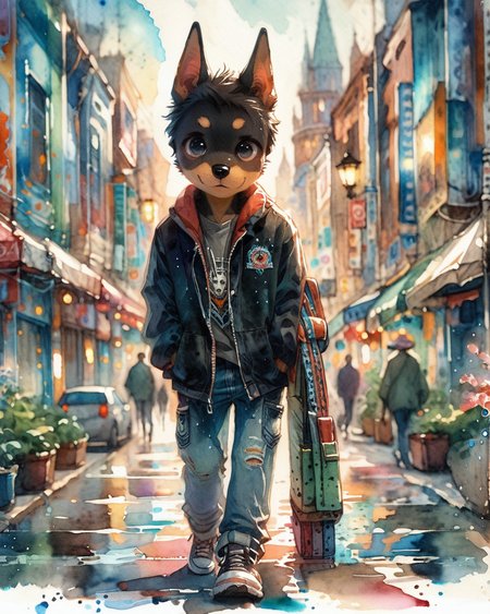 score_9, score_8_up, score_7_up, intricate details, rating_safe,
<lora:SoftWatercolors:1>, SoftWaterColor, 1boy(,
Doberman, 
full body, looking at the viewer, solo, friendly expression), detailed background, depth of field, subsurface scattering, 
<lora:ral-chrosc-clr:0.3>, ral-chrosc-clr,
<lora:xl_more_art-full_v1:0.3>,
<lora:add-detail-xl:0.3>