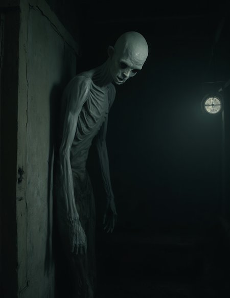  a haunting, eerie figure lurking in the shadowy corner of what seems to be an abandoned, dimly lit room. The figure is humanoid but emaciated and ghostly in appearance, with gaunt, skeletal features and hollow, dark eye sockets. Its face is expressionless, but the lack of detail and the pale, ashen skin give it an unsettling, spectral presence.The room itself is old and decrepit, with cracked, moldy walls and a small, round window that allows a faint beam of light to filter in. This light partially illuminates the figure but also casts deep shadows, leaving much of the creature obscured in darkness. The ceiling appears low, adding to the sense of claustrophobia and unease, and the overall atmosphere feels oppressive and abandoned.The figure hovering or leaning against the wall, its body almost blending with the darkness. The contrast between the dim light from the window and the pitch-black shadows creates a strong sense of tension and dread, as if the figure is watching silently, waiting for something unknown. The mood of the image is deeply unsettling, evoking feelings of fear, isolation, and the presence of something malevolent lurking just out of view.






