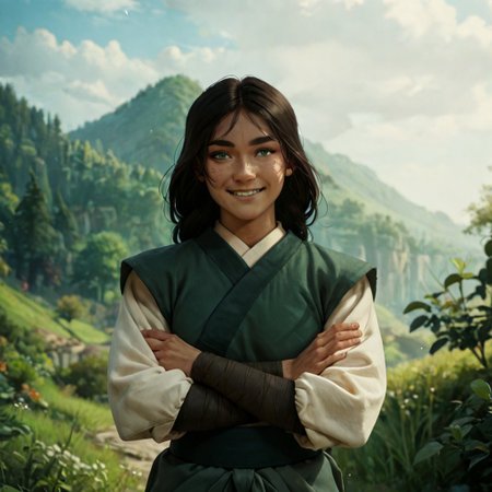 score_9, score_8_up, score_7_up, score_6_up, score_5_up, score_4_up, 1girl, kyoshi, dark skin, freckles, arms crossed, broad shoulders, beautiful green eyes, outdoors, tall, fit, small smile