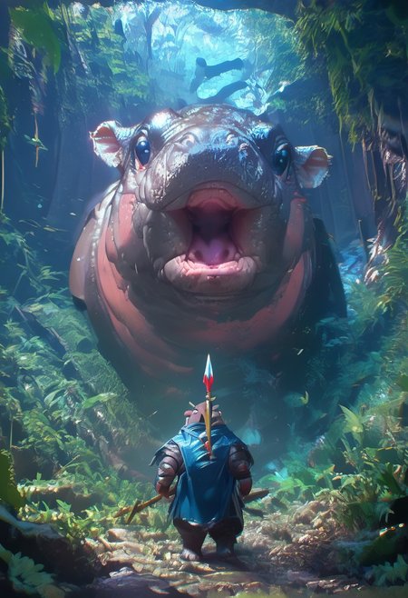 score_9,score_8_up,score_7_up
knight, spear,
foreshortening, warped perspective, fisheye,
bosstyle, 
collumns, foliage, 
smoke, 
bosstyle,
no humans, moo deng, hippo, open mouth, cute