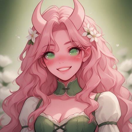 Score_9, Score_8_up, Score_7_up, (masterpiece), best quality, perfect face, perfect anatomy, Tiefling, pointed ears, horns, colored sclera, tail, pink skin, anime girl, green eyes, slim, pink hair, wavy hair, long hair length, white flowy dress, green corset that highlights her waist, white flowers in hair, romantic aura, cleavage, romantic perspective, smiling, nervous, blushing, beautiful perspective. blurred background, nature background