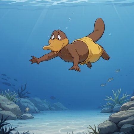 masterpiece, best quality, amazing quality,FlapbbILv2, semi-anthro, male, Platypus, brown fur, duck-billed, webbed feet, webbed fingers, yellow pants, swimming, underwater