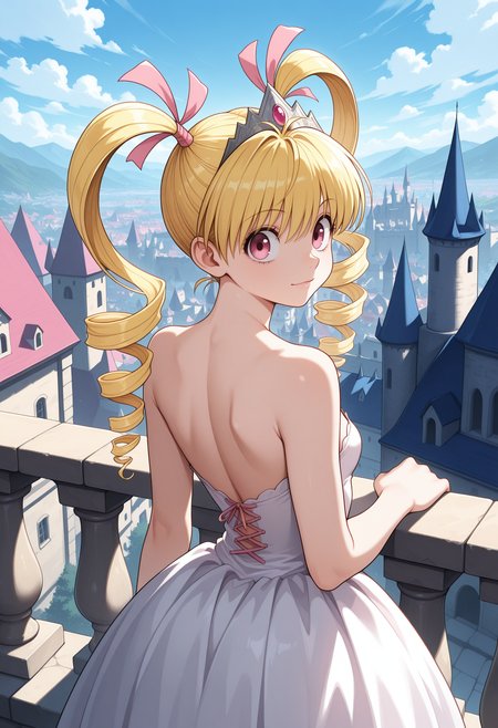 1girl, solo, pink eyes, blonde hair, long hair, twin drills, hair ribbon, pink ribbon,  looking at viewer, hunter x hunter, small breasts, 
hair ribbon, fantasy, princess, white dress, from behind, back, shoulder blades, tiara,
balcony, castle, town,sky,looking back, light smile,
,masterpiece,best quality,amazing quality,
 <lora:bisky_meipaws:.9>
