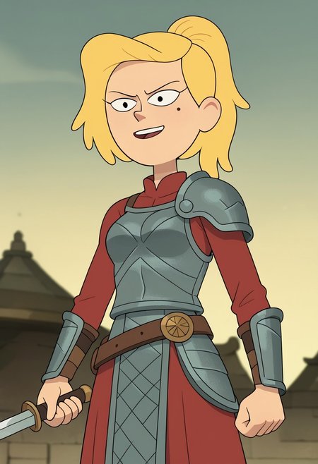 score_9, score_8, score_7, score_6,
triplevexx, solo, sasha waybright, blonde hair, ponytail, black eyes, mole under eye,
Character Description: A muscular woman with a fierce expression and braided hair.
Outfit: A battle-worn gladiator armor with intricate engravings and a flowing cape.
Action: She is raising her sword triumphantly after winning a duel.
Background: The sandy arena of an ancient coliseum, with cheering spectators blurred in the background.
Composition Details: Dramatic, low-angle lighting highlights her strength and victory, with a close-up shot that captures the intensity in her eyes and the gleam of her sword.