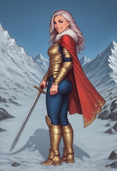 1girl, ((side view))), looking at viewer, highly detailed, from front, 1girl, highly detailed, skinny, looking at viewer, 1girl, masterpiece, best quality,
raw, masterpiece, extremely detailed, hyperrealism, photo, perfect anatomy, magnificent young warrior, full body, dramatic lighting, shadow play, romantic, heroism, epic, determination, proud, eternal beauty, detailed face, very long hair, very dark brown hair, beautiful blue eyes, battlefield background, massive plate armor, masculine body, muscular, heavy arms armor, red cape, fur collar, sword, BREAK
slight smile, looking at viewer, fur coat, dynamic pose,
BREAK 
long hair, silver hair, hair over one eye, blue eye, big hair, dynamic pose
BREAK 
best quality, depth of field, bokeh, (((full clothed))),  ((ready to fight, holdind big sword in hands, big two-handed sword in hands)), highlander
BREAK 
(((((snow, stones,  mountains))))) score_9, score_8_up, score_7_up, score_6_up, source_cartoon, rating_explicit, Expressiveh, (((((full body))))), dynamic pose