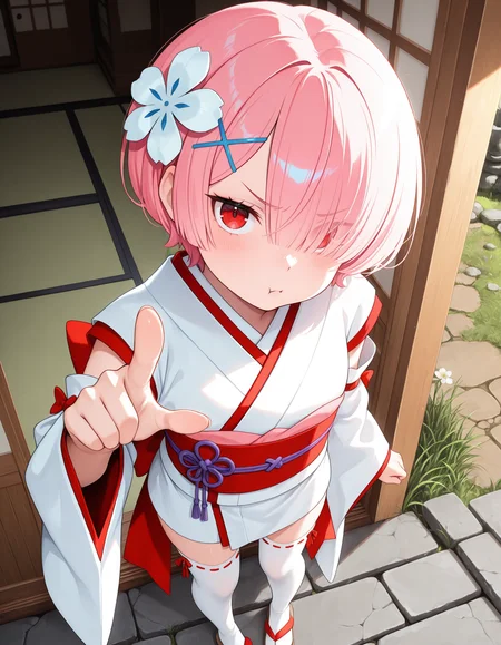 <lora:Ram Illu:1>1girl, solo,
r4m, short hair, pink hair, hair over one eye, red eyes, 
r4mpast, white thighhighs, japanese clothes, obi, short white kimono, hair flower, white flower, detached sleeves, long long sleeves, sandals, ribbon trimmed legwear, red back bow, x hair ornament, single ribbon bow,
standing, from above, looking at viewer, pointing at viewer, frown, pout,
outdoors, sliding doors, east asian architecture, sunlight, grass, stone path, 
 <lora:cfg_scale_boost:0.7>, masterpiece, best quality, amazing quality