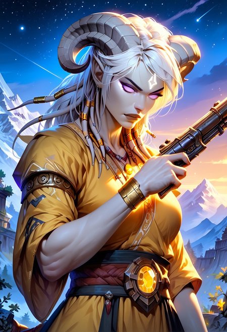 masterpiece, score_9, score_8_up, score_7_up, score_6_up, world of warcraft, detailed face, 
outdoor, mountains, night, stars, 
(h0rns, ram horns, white horns), (female, mature, draenei, athletic arms, pale white skin, long white hair, four fingers, one thumb, black nail polish), (purple eyes), stern face, stern look, 
(blue and yellow robe, simple armlet, small yellow gem pendant), GunMonk, shotgun, 
full body, dynamic pose