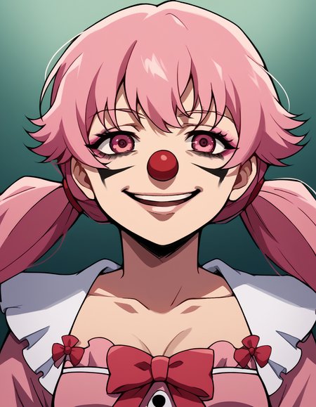 score_9, score_8_up, score_7_up, source_anime, <lora:yuno-gasai-s1-ponyxl-lora-nochekaiser:1>, yuno gasai, long hair, pink hair, pink eyes, sidelocks, ribbon, red ribbon, hair ribbon, twintails, medium breasts, <lora:clown-ponyxl-lora-nochekaiser:1>, clown, makeup, clown nose, facepaint, gloves, long sleeves, frills, dress,, smile, open mouth, smug, , dutch angle, cowboy shot