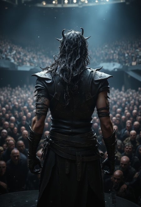 A photo capturing the powerful scene of a metal necromancer on stage, viewed from behind. He stands as the lead singer of a metal band, with long, dark, greasy hair cascading down his back. Clad in a leather vest with a high collar, he grips an electric guitar mid-jam. The atmosphere is dark and intense, with sweat droplets and particles flying through the air, adding to the charged energy. The roaring crowd below in the stadium's standing area is only faintly visible—composed of undead, skeletons, mages, and witches, all dressed in heavy metal attire. The necromancer himself is shrouded in shadow, more of an imposing silhouette than a clearly defined figure, surrounded by a moody, powerful ambiance.