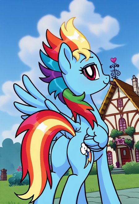 score_9, score_8_up, score_7_up, score_6_up, score_5_up, score_4_up, source_anime, anime screencap, anime coloring, retro artstyle, BREAK, tall  skinny slender slim equine Rainbow Dash, pegasus, female, mare, pony, solo, horse butt, perfect butt, bubble butt, 8U881E, toned body, toned forelegs, outdoors, back roads, dutch angle, looking at viewer, perspective, <lora:EarlyAkira_v4:0.4> <lora:Pony_MLP_v1.5:1>  <lora:8U881E:0.6> <lora:pony_001:1> <lora:1990s_hentai-V1:0.4>