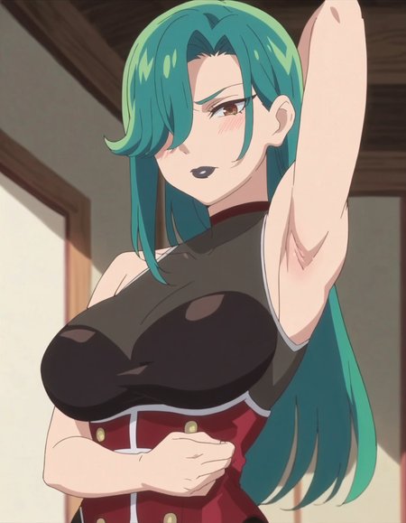 score_9, score_8_up, score_7_up, anime screencap, solo,1girl,   green hair, sleeveless,bare shoulders,hair over one eye,  long hair, looking at viewer, black lipstick,large breasts,cowboy shot,blush,armpit,<lora:Secretoru:0.8>