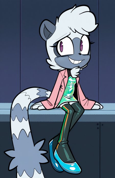 1girl, solo, pink open coat, overcoat, black cropped sweater, sleeves past wrists, long sleeves, green dress, glitter dress, green bow legwear thighhighs, blue flats, sitting, looking over shoulder, dark eyes, cryptic smile, elusive presence,
 <lora:qqLettuce:0.8> qqlttc, furry, <lora:Whispangle-Illustrious:0.8> tangle the lemur, lemur ears, lemur tail, white fur, grey fur, two-tone fur, purple eyes, extremely detailed, highres, masterpiece, best quality