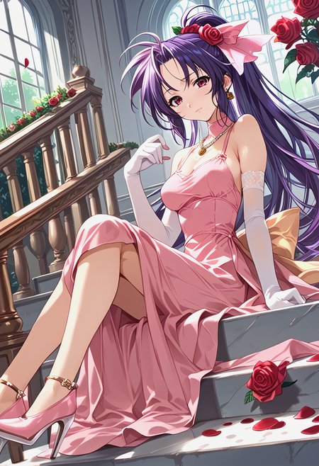 <lora:trumkuu_Pv11-000030:1>, ntrkuu, 1girl,  elbow gloves, flower,  hair flower, high heels, jewelry, long hair, necklace, rose, purple hair, rose petals, solo, stairs, pink dress,, sitting, ponytail, waist ribbon,, BREAK score_9, score_8_up, score_7_up, score_6_up, source_anime, best quality,