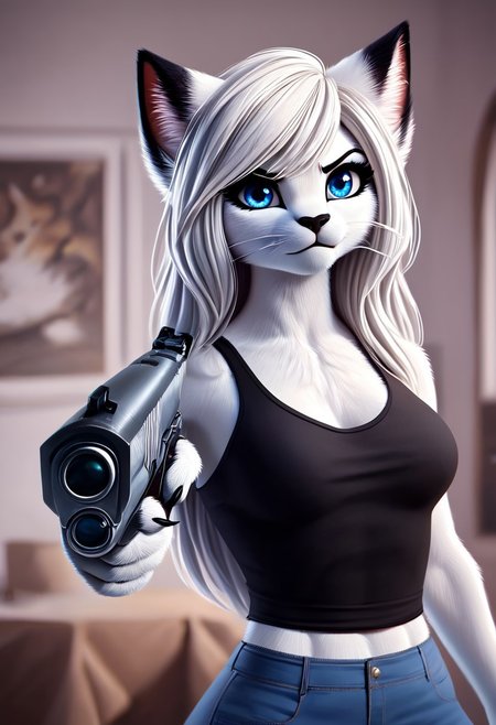 masterpiece, score_9_up, score_8_up, score_7_up, score_6_up, source_furry, (best quality:1.1), ultra-detailed, high resolution, solo, highly detailed macro illustration, solo, 1girl, Nikita, anthro cat, feline, female, white fur, long white hair, hair over one eye, blue eyes, long eyelashes, black eyebrows, black animal nose, whiskers, fluffy ears, fluff in ears, black ear tips, breasts, tight black top, angry facial expression, frown BREAK indoors, blurred background<lora:HandPointingAGunMeme_XLPD:0.8> holding weapon, handgun, holding gun, aiming at viewer, revolver, paws on trigger, black claws, highly visible, anatomically correct