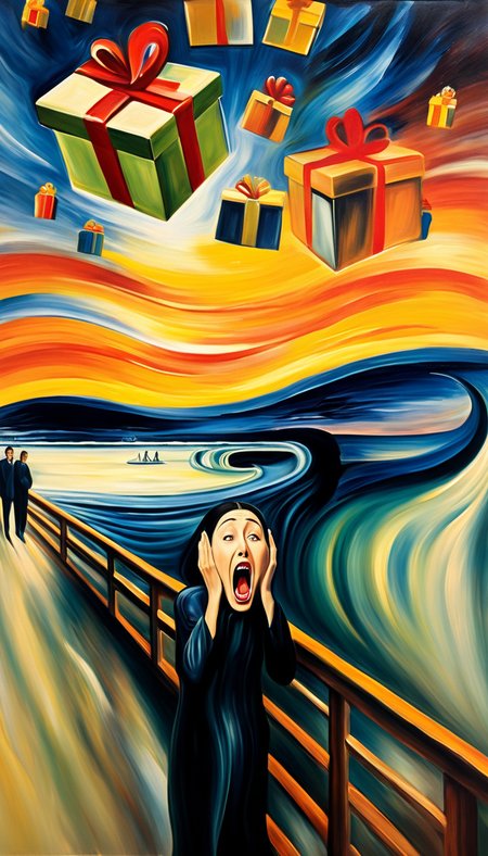 detailed, in the style of Edvard Munch, a painting of (((gift box falling from the sky))), 
AND, 
a man  with a woman  screaming, the scream painting, surreal oil painting, surreal painting, epic surrealism 8k oil painting, <lora:FF-Style-Edvard-Munch-vpred:1>,
