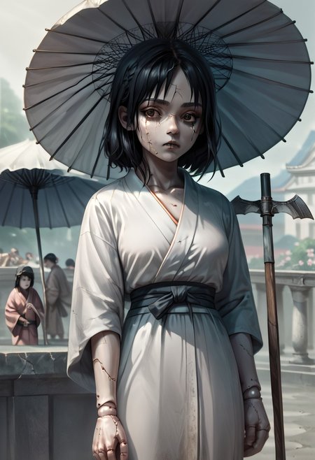 score_9, score_8_up, score_7_up, score_6_up, easynegative, masterpiece, the highest, perfecteyes, brown eyes, girl, kimono ,black hair, scythe,umbrella in hand,jewelry,geisha , fear, facial cracks,tears,porcelain body,doll,doll joints