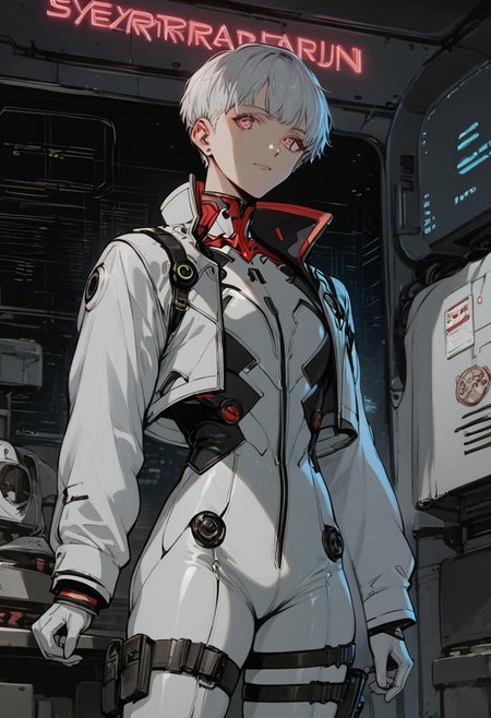 core_9, score_8_up, score_7_up, score_6_up, score_5_up, score_4_up,1 boy, short hair, 18 years old, albino, white hair, neon pink eyes, pale skin, golden collar, fitness boy, Diamond pattern, lightweight padded jacket, long sleeve, cropped padded jacket, coat, puffer and packable coats, tactical jacket, cyberpunk jacket, tacticalgear, Fashionable style, long sleeves, white bodysuit, latex bodysuit, eva 01 plug suit, white gloves, pistols holstered on their thighs, shiny clothes, science fiction, standing, artist name, cowboy shot, looking at viewer, low angle, background room, spaceship cabin, neon lights, <lora:Yoji-000014:0.85>, score_8_up, score_7_up, score_6_up, score_9, score_8_up, score_7_up, score_6_up.