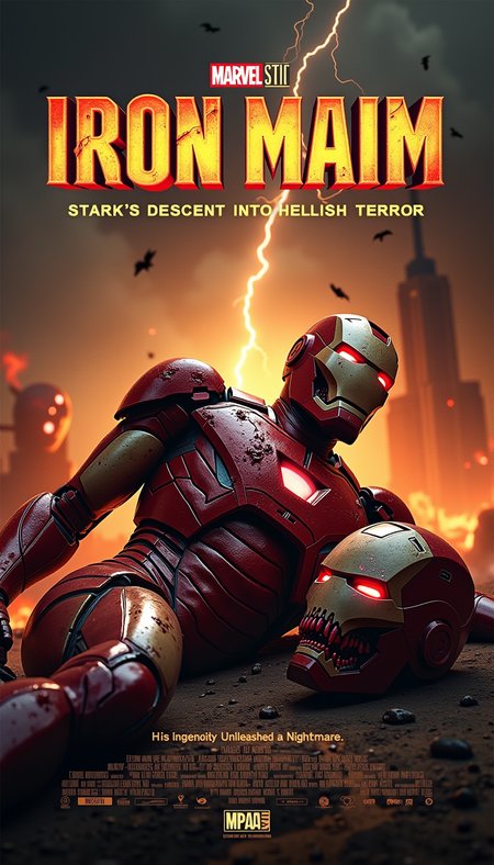 A photorealistic horror movie poster with the printed title: ["Iron Maim: Stark's descent into Hellish Terror"
In the foreground, a mutilated and disfigured version of Tony Stark's Iron Man suit is shown, with blood and viscera splattered across the armor. The helmet lies nearby, revealing Stark's gruesome, skull-like visage with his eyes glowing red with a sinister energy.
The background depicts a hellish landscape of fire and brimstone, with demonic creatures emerging from the shadows. The Stark Tower crumbles in the distance, struck by lightning and consumed by the inferno.
In large, ominous letters, the new title "Iron Maim" is emblazoned, with the subtitle "Stark's descent into Hellish Terror" written beneath it. The text is stylized to resemble it is burning, fitting the overall aesthetic of the poster.
Below the title, a chilling tagline reads "His Ingenuity Unleashed a Nightmare". The MPAA rating of "R" is boldly displayed, emphasizing the graphic content and themes of the imagined movie.
Overall, the Iron Man poster is transformed into a terrifying vision of blood, gore, and dark flames, resulting in a true horror homage to the original superhero film."]