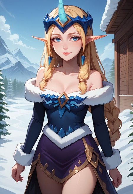 score_9, score_8_up, score_7_up, source_anime, 1girl, wwsoraka, pointy ears, blonde hair, blue eyes, braid, horns, single horn, medium breasts, bare shoulders, collarbone, earrings, jewelry, fur trim, blue dress, long sleeves, cleavage, off shoulder, purple skirt, snow, snowing, standing, light smile, looking at viewer, outdoors, <lora:wwsoraka_v1-000008:1>