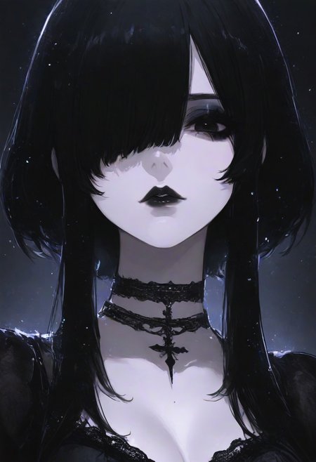 masterpiece, best quality, 1girl, solo, looking at viewer, black hair,  medium breasts, , sidelocks,    hair over one eye, black eyes, lips,   makeup, black choker,   lipstick,  eyeshadow, gothic, black lips,  dark theme, close up, particles,