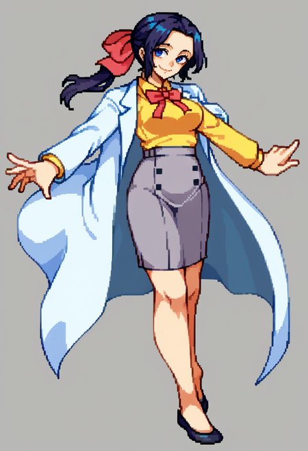 score_9, score_8_up, score_7_up, source_anime, BREAK, 1girl, smile, looking at viewer,  <lora:Mari-pdxl_Fp:1>, maridesu, black hair, blue eyes, ponytail, hair ribbon, collared shirt, yellow shirt, ribbon, lab coat, grey skirt, <lora:CPS2-pdxl_Fp:1>, simple background, full body, pixel art, standing,