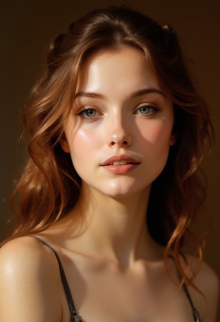 A soft, intimate portrait of a young woman with smooth, fair skin and deep, expressive eyes. Her wavy, chestnut hair cascades over her shoulders, slightly tousled, as if caught in a gentle breeze. Her lips are slightly parted, revealing a subtle, relaxed smile, exuding warmth and kindness. The lighting is warm and natural, illuminating her face from one side, creating gentle shadows that accentuate her delicate features. The background is softly blurred, in neutral, earthy tones, ensuring that all focus remains on her serene and tender expression.  <lora:artisketchyfs-v02:1>