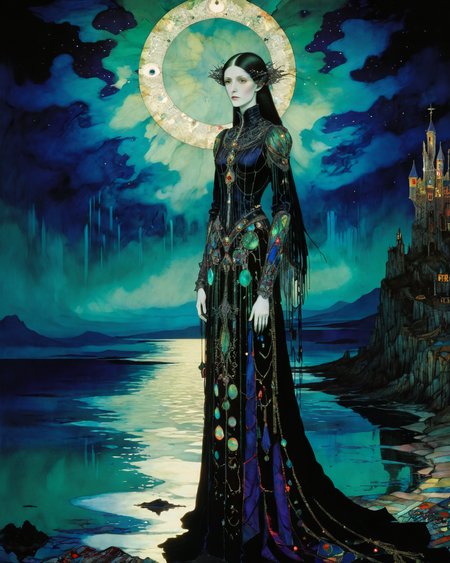 (Sheelba of the Eyeless Face:1.1), full body, sky, ocean, castle, (Harry Clarke:1.9), volumetric lighting, intense colors, abalone, mother of pearl, <lora:add-detail-xl:0.75> <lora:xl_more_art-full_v1:0.5>