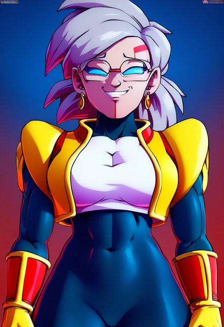 score_9, score_8_up, score_8, -1woman,solo, Mature woman, pants on, markings on face, red markings , fully clothed, eyes all blue, solid blue eyes 4k, High Quality, yellow vest, white top, gray hair female, blue eyes, no inner eye, no pupils, nothing in eyes, blank eyes, tight black bodysuit pants, red eyebrows, red under mouth, blue sclera, no iris , big breasts,  big chest, big shoulders, big arms, big legs, big thighs, female wearing a black lycra, vegeta sufurujin jacket, tight-fitting black lycra, sufurujin vegeta outfit, red marking on chin, red marking below mouth,no whites in female's eye, no inner eye on female, one solid eye color, evil smile, evil expression,  
-
Davidsm, glasses, , tied pigtail,
-
, style of akira toriyama, earrings,standing, jewelry,