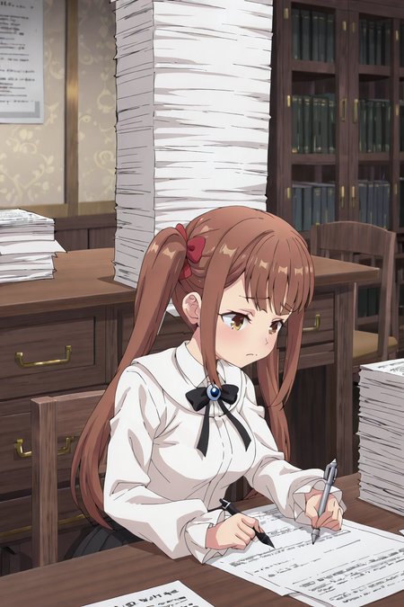 detailed background, shiny skin, posing,
<lora:guilmas.il:1>,
guilmas,
laila, 
clothed girl,
desk, holding pen, paper, working, huge paper stack, tired, sit, chair,