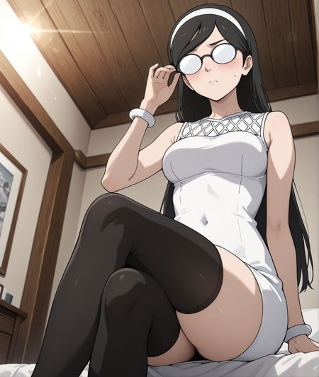 masterpiece,best quality,amazing quality,very aesthetic,absurdres,newest, huge filesize,
<lora:spo_sdxl_10ep_4k-data_lora_webui:0.5>,
<lora:opaque-glasses-ponyxl-lora-nochekaiser:1>, opaque glasses, glasses, no eyes, round eyewear, blush,  navel, sitting, bedroom, on bed, from below, crossed legs, adjusting eyewear, lens flare, cowboy shot,
BREAK
indoors, living room, medium breasts, kumashiro maya, long hair, swept bangs, black hair, white hairband, blue eyes, white dress, tight clothes, short dress, sleeveless, white bracelet, black thighhighs, zettai ryouiki, white footwear, high heels, <lora:Maya_Kumashiro_ILXL:0.8>,