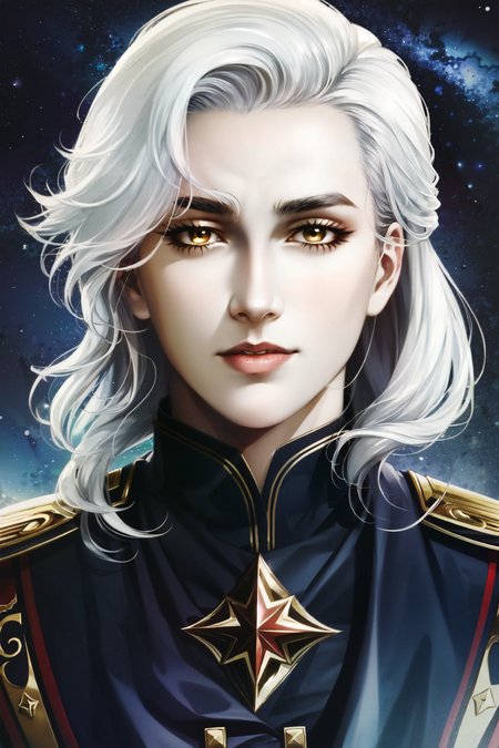 <lora:HadesEmetSelch:.7> Emet Selch,masterpiece, best quality, highres, 1boy, solo, emet selch, solo, 1boy, male focus, yellow eyes, portrait, white hair, star \(sky\), realistic, looking at viewer,  starry sky, night, sky, lips, smileupper body, serious, shaded face <lora:shadedFaceEyesIn_shadedFace:.2>