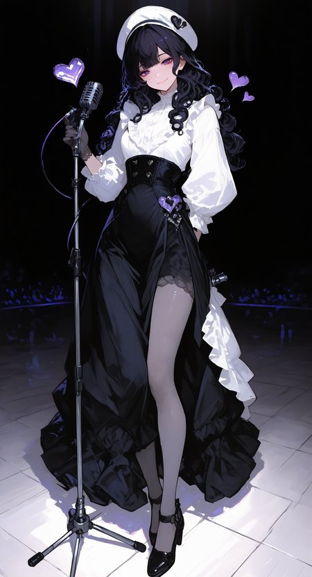 masterpiece, best quality, good quality, very aesthetic, absurdres, newest, 1girl, solo, long hair, smile, shirt, skirt, black hair, long sleeves, gloves, dress, holding, standing, purple eyes, white shirt, full body, heart, pantyhose, frills, black skirt, black footwear, white dress, white headwear, arm behind back, long skirt, curly hair, grey pantyhose, long microphone stand, looking_at_viewer <lora:ponyv4_noob1_2_adamW-000017:0.7> <lora:GBF_Illustrious:0.6> <lora:748cmSDXL:1>