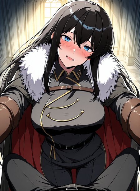 <lora:Karina_Dragonia__The_Knight_King_Who_Returned_with_a_God__Illustrious:1>
1 girl, solo, blue eyes, long hair, black hair, loose hair, hair between the eyes, bangs, sidelocks,
black jacket, black uniform, black gloves, uniform, black cape, black shoes, black pants, jacket, elbow gloves, belt, brown gloves, fur-trimmed cape, 
score_9, score_8_up, score_7_up, score_6_up, source_anime, rating_explicit, 1girl, solo, smile, embarrassed, alcalose eyes, open mouth, mansion, indoors, looking at viewer, outstretched arms, pov, close-up, (head tilt:1.2)