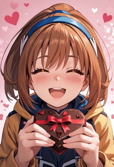 score_4,score_5,score_6,score_7_up,score_8_up,score_9 ((masterpiece,best quality,ultra detailed,highres,HD,4k:1.2)), 
1girl, solo,solo focus,girl focus,face focus,
Kohaku(iX),brown hair, orange eyes, ponytail, sidelocks, hair band, blue hairband,
pov,from the front, front view, front angle, 
Happy Valentine's Day, Valentine's chocolate, holding wrapped chocolate, 
heart background, 
blush,happy,smile,((closed eyes,open mouth:1.1)),