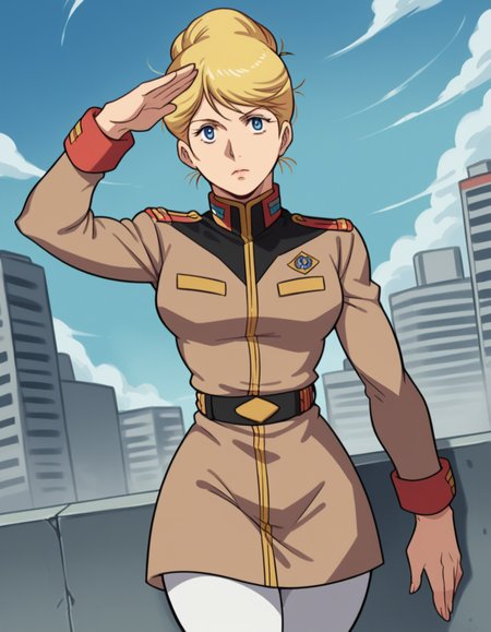 score_9, score_8_up, score_7_up, source_anime,
crowleyhamon, <lora:crowley-hamon-ova-ponyxl-lora-nochekaiser:0.7>,
crowley hamon, medium hair, blonde hair, blue eyes, hair over shoulder,
pantyhose, belt, uniform, military, military uniform, white pantyhose, hair bun, single hair bun,
outdoors, cityscape, salute, 
looking at viewer, cowboy shot, solo, dutch angle,