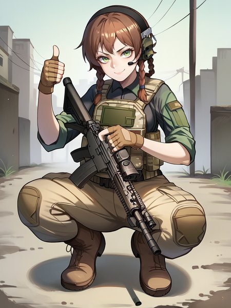 score_9, score_8_up, score_7_up, score_6_up, score_5_up,  <lora:tacticalclothesXLP:1> tactical clothes, 1girl, gun, weapon, gloves, solo, braid, rifle, twin braids, holding weapon, holding, holding gun, pants, brown hair, assault rifle, fingerless gloves, thumbs up, photo background, m4 carbine, trigger discipline, military, looking at viewer, squatting, headset, outdoors, bulletproof vest, smile, ear protection, camouflage, boots, green eyes