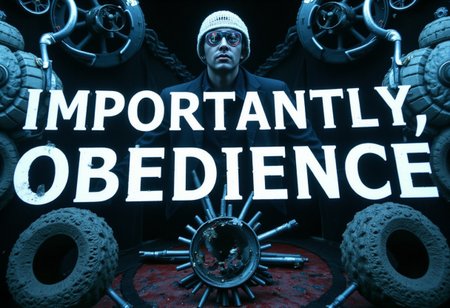 the words 'IMPORTANTLY, OBEDIENCE' written in large font fills the front of frame. In the back of frame weird man with in a dark room with checkerboard blue lotus PEOPLE ARE trapped inside machinery, people crushed inside mechanical gears, high gore arms crushed and bent, signs of wailing, people in business suits trapped in machinery. floors with blood on the ground with a white interior cyber tech electricity electical circuits illuminati symbols with brains and vaginas with high technology alchemical background lightning bolts