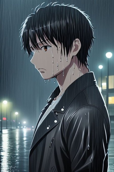 high resolution, solo, best quality, 1Boy, Inaho Kaizuka, Black Hair, heavy rain, night, looking down, sad, leather jacket, looking away, wet, wet hair, OverallDetail