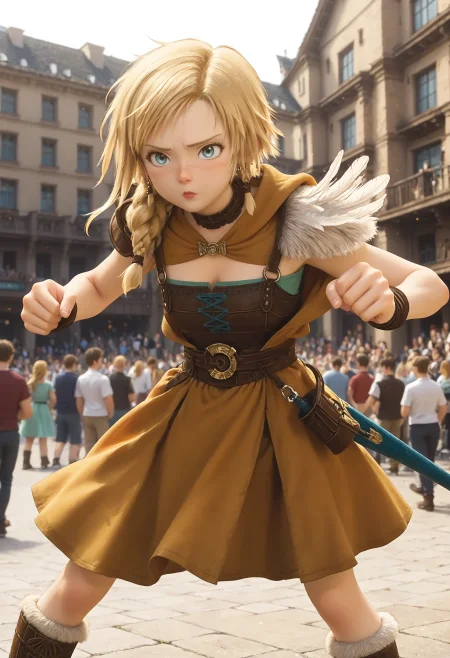 <lora:Hyper-SDXL-8steps-lora:1> <lora:Fixhands_anime_bdsqlsz_V1:1> zPDXL2, score_9, score_8_up, score_7_up, masterpiece, best quality, absurdres, high resolution, 8k, official art, official style, source_anime, uncensored, anime screencap, anime coloring, megami magazine, (ai-generated:0.6), 
1girl, DQYS-bianca, blonde hair, short hair, braid, blue eyes, earrings, brown choker, armored dress, dress, skirt, armlet, boots, 
clenched hands fighting stance, standing, Sleepy, Drooping eyelids, half-closed eyes, and a slightly dazed expression., outdoors, city, audience, crowd, solo, solo focus, 
<lora:DQYS-bianca_XL(pony)v10:1>