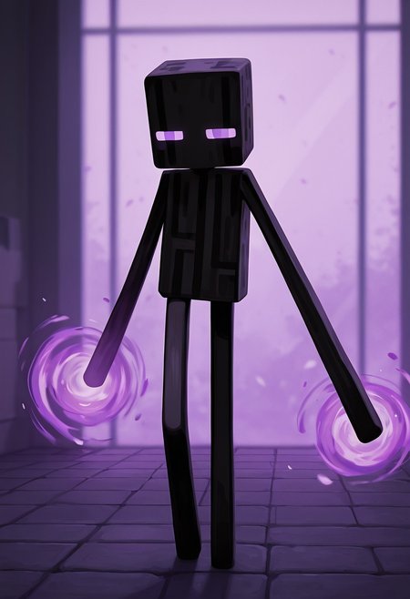 masterpiece, best quality, amazing quality, very aesthetic, absurdres, newest, , detailed background, 
 movie scene, cinematic scene, cinematic, foreground blur, depth of field, 
klskx
enderman, no humans, purple eyes, rectangle eyes, , solo, black skin, no mouth, square head, square body, black head , pokemon (creature), 
Mirror_Image,  || spinning dust, purple dust,