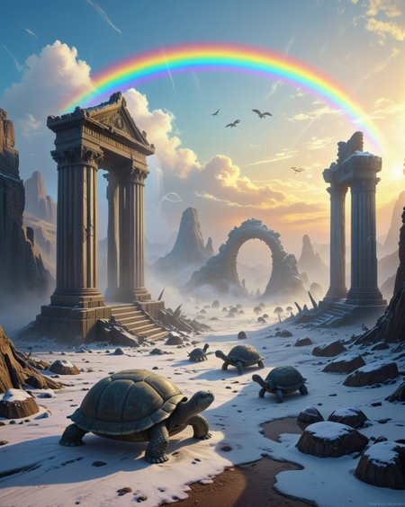 dark fantasy Desert plateau with wind-sculpted pillars stone turtles migrating,Fogbow dawn: White rainbow materializing in freezing mist,
random pilgrims in landcscape,
 <lora:ral-dark-fantasy-il:0.35>,apocalyptic,
<lora:extremely_detailed:0.6> extremely detailed,
<lora:DetailMaximizer:0.5>,
 <lora:Dream Scenery XL:0.4> Dream Scenery,
<lora:add-detail-xl:0.3>,
detailxl