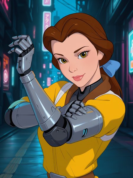 <lora:BelIL:0.7> be_le, 1girl, long brown hair, ponytail hair by a ribbon, duchess nose, pink lips, hazel eyes, 
looking at viewer, cyberpunk, augmentations, prosthetic, metal arm, difficult background, at night, dynamic pose,