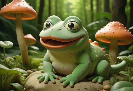 cinematic, sense of scale, 1 large stoned pepe_frog+chonkasaurus, psychedelic shroomroom, <lora:chonkasaurus-000003:1>