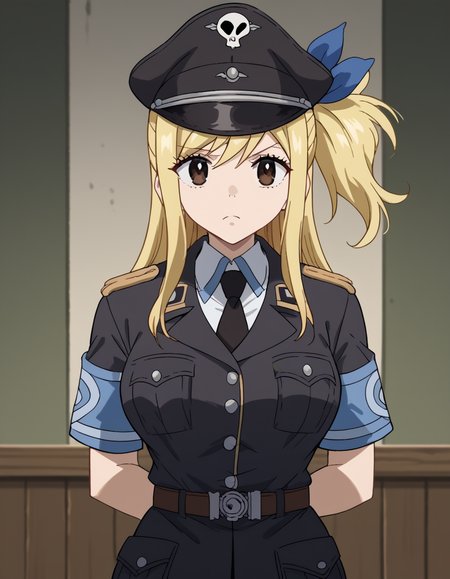 score_9, score_8_up, score_7_up, source_anime, lucyheartfilia, <lora:lucy-heartfilia-s7-ponyxl-lora-nochekaiser:1>, lucy heartfilia, blonde hair, brown eyes, long hair, one side up, ribbon, hair ribbon, blue ribbon, large breasts,, <lora:warden-ponyxl-lora-nochekaiser_r1:1>, skull hat ornament, uniform, military uniform, black uniform, hat, cap, black cap, armband, collared shirt, black necktie,, indoors, hands behind back,, cowboy shot,