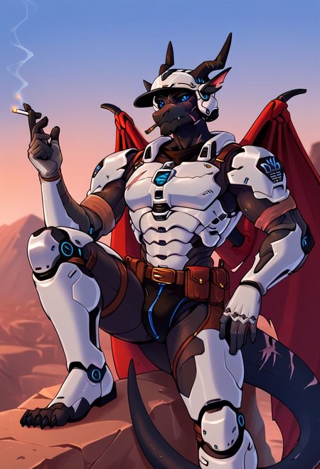(masterpiece: 1.2), (detail: 1.1), (high resolution, best quality: 1.2), highly detailed background, Score_9, Score_8_up, Score_7_up, Score_6, Score_5, Score_4,
anthro dragon, male ,solo
male focus, athletic male, dark theme), low light, ((western dragon)) ((black body, scars)), ((blue eyes, black sclera), slit pupils),
modern soldier armor, 
Individual soldier exoskeleton armor
armor, belt, gloves, mecha, robot, holding
He holds a cigarette in his fingers, a helmet in his hand, and a futuristic weapon lies at the dragon’s feet.
A broken tank on the battlefield,
anthropomorphic dragon, a soldier sits on a stone, smoking a cigarette, looking tiredly at the sky.