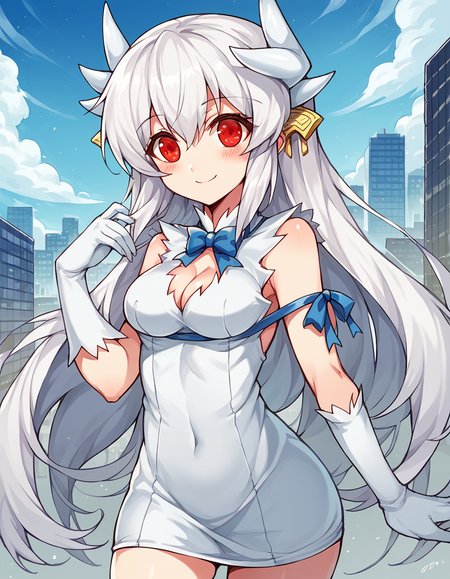 score_9, score_8_up, score_7_up, source_anime, <lora:fgo-kiyohime-ponyxl-lora-nochekaiser:1>, kiyohime, white hair, dragon girl, dragon horns, horns, long hair, red eyes, medium breasts,, <lora:hestia-cosplay-ponyxl-lora-nochekaiser:1>, hestiacosplay, hestia (danmachi) (cosplay), blue bow, blue bowtie, bow, bowtie, cleavage, cleavage cutout, clothing cutout, dress, gloves, pencil dress, rei no himo, short dress, white dress, white gloves, blue ribbon, arm ribbon,, outdoors, cityscape, street, smile, blush, , cowboy shot, dutch angle