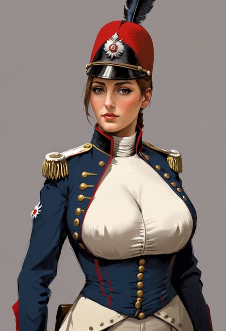 (Conceptual Art in jrst artstyle:1.2) about a female 
Napoleonic French soldier, concept art; busty, large breasts, slender