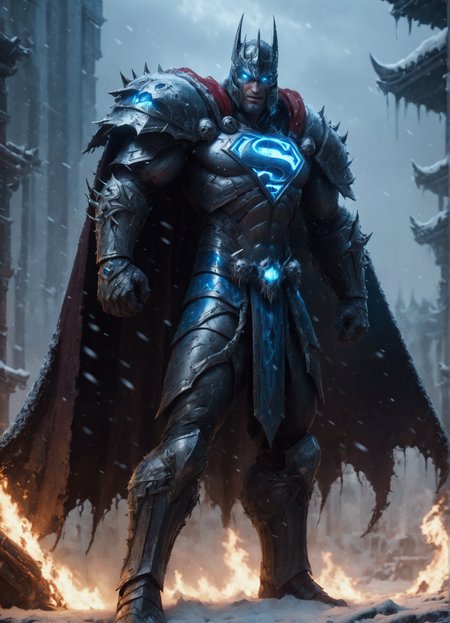 Style-GravityMagic, portrait, (bloody scars:0.7), looking at viewer, solo, (full body:0.6), detailed background, close up, ( superman theme:1.1), superhero, determined expression, dynamic pose,  flying, hovering in air, sky,  dark clouds, lightning,   flames,  battle scene, epic cinematic atmosphere,,The Shrine of the Lost(hyperdetailed photography:1.3),Epic,awardwinning,masterpiece,highly detailed body,dawn,blue glowing eyes,world of warcraft style,raytracing,octane render,sharp focus,35nm dof,bokeh,Trending on artstation,deathknight style,snowing,<lora:deathknightsyleXL_v1-step00000400:0.6>