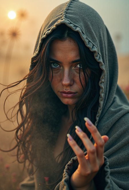A vibrant, colorful, and hyper-realistic analog photo that captures a highly detailed, extreme close-up of a witch's face. The focus is entirely on her head and facial features, allowing every intricate detail to come to life in stunning clarity. Her skin glistens with sweat from the fierce, desert sandstorm swirling around her. Strands of her hair, dark and wild, peek out from under her hood, which casts deep, foreboding shadows over her intense eyes. The atmosphere is rich with tension, enhanced by dramatic volumetric lighting that adds depth to the image, giving it a cinematic, epic film quality.
Her buxom form is barely concealed by a tattered robe that clings to her in the storm, revealing glimpses of her sweat-slicked skin as the wind whips through the air. With one hand raised, she summons a colossal, ancient, vibrant black skeleton mummy from the storm, its ghostly form towering above her, ethereal and terrifying. The skeletonâs presence is awe-inspiring, with its immense size and spectral nature dominating the scene. The intricate details of its bone structure seem both real and otherworldly, almost glowing through the dust.
Surrounding the witch, the once-colorful flower meadow is now shrouded in a dystopian, dusty haze, with the landscape obscured by the raging storm. The sun is entirely blocked out by the sand and debris, leaving only the glowing aura of her spell to cast an eerie light over the entire scene. The soft, ethereal glow creates a stark contrast between the witch's dark, mysterious figure and the chaotic storm around her, emphasizing her powerful, mystical presence. The image feels alive with movement and tension, blending fantasy with photorealistic detail, and immerses the viewer in a moment of dark magic.